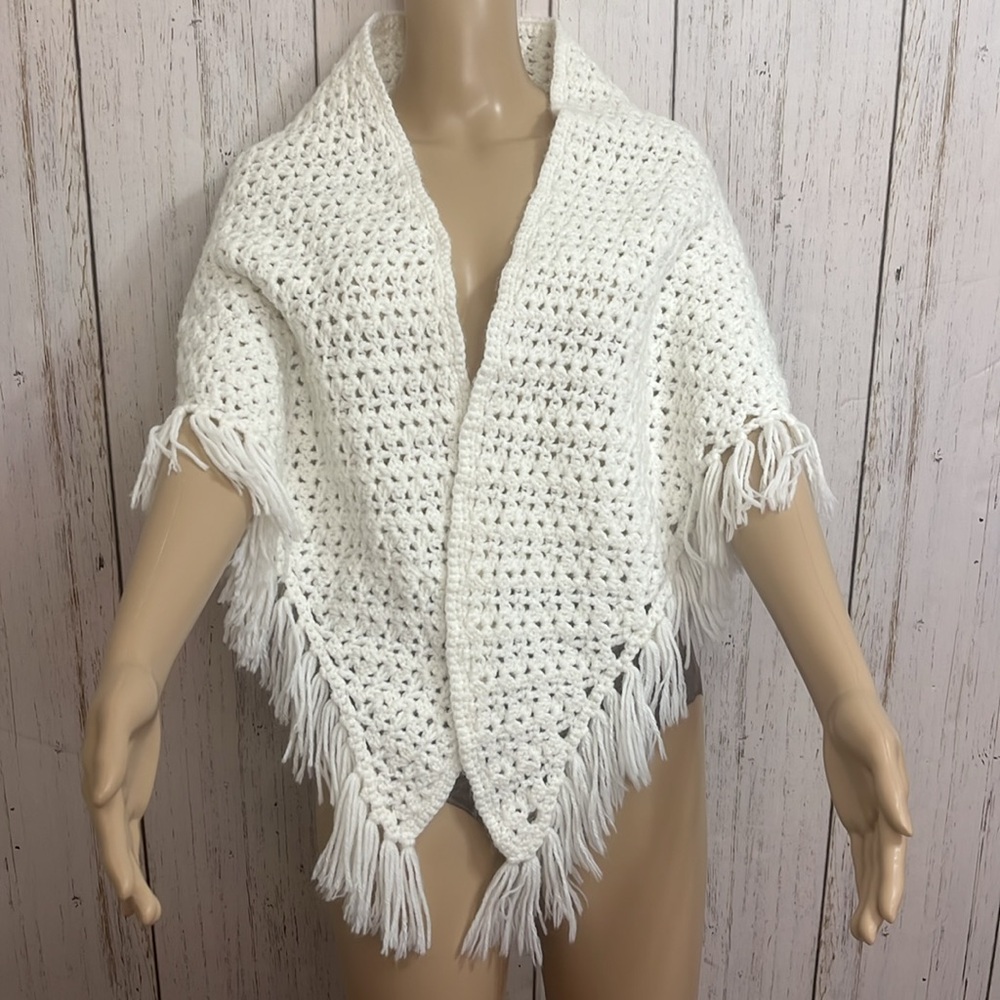 Vintage Shawl Hand Crochet White One Size
